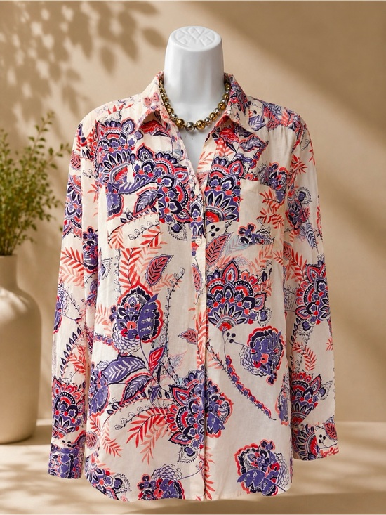 Charter Club Tops - Charter Club Cream Button-Front Blouse with Purple and Coral Floral Print (Med)